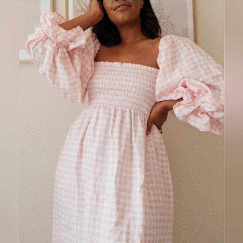 Sleeper Linenblend Atlanta Pink Gingham midi dress smocked midi dress, xsmall - Picture 4 of 12
